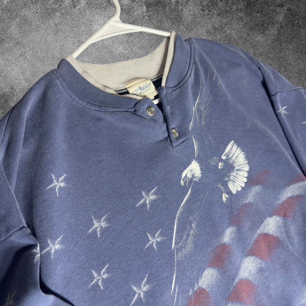 Vintage Artisans 90s American Eagle Sweatshirt USA Flag Faded Blue Pullover XL